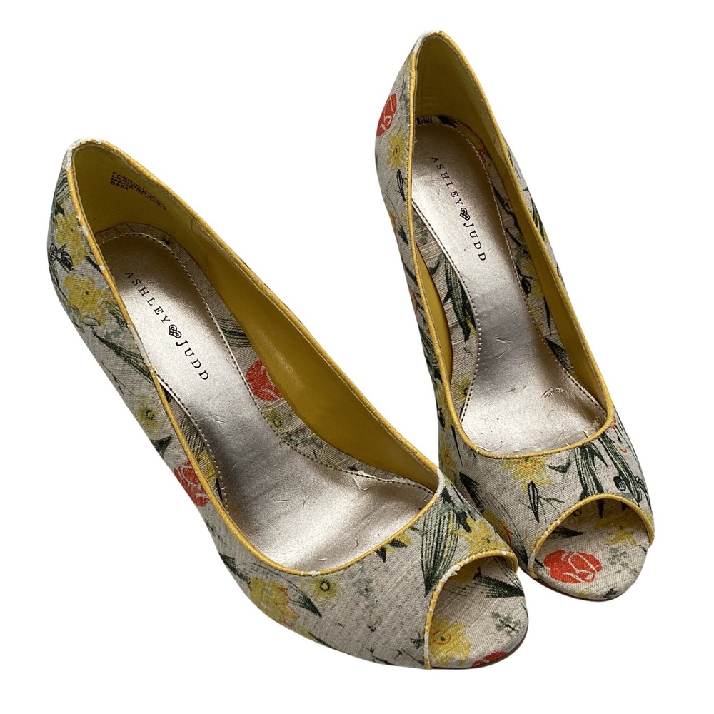 Ashley Judd Floral Peep Toe Pumps Yellow Multi Fabric Stiletto Heels Size 8.5M